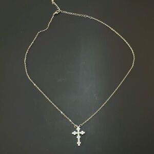 Dainty Silver Tone Rhinestont Cross Necklace